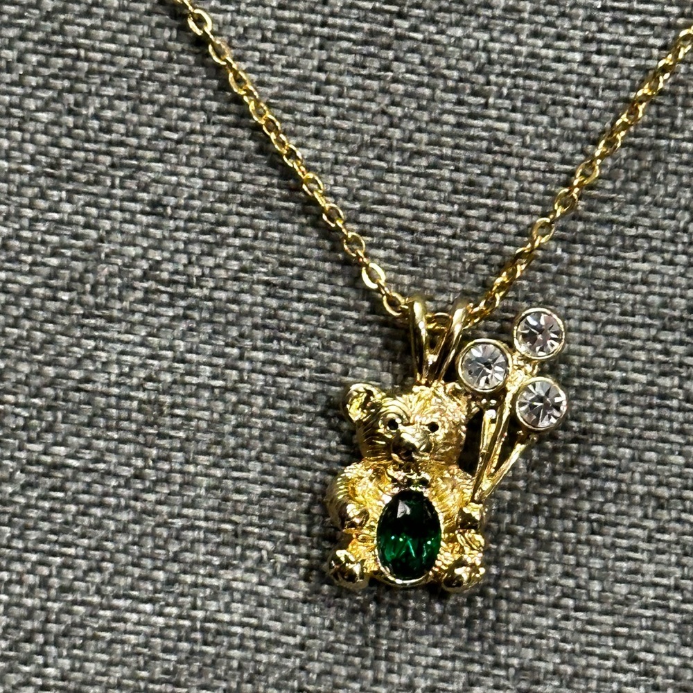 Vintage DM 99 Gold Tone Chain Emerald Color CZ Teddy Bear & Balloons Necklace